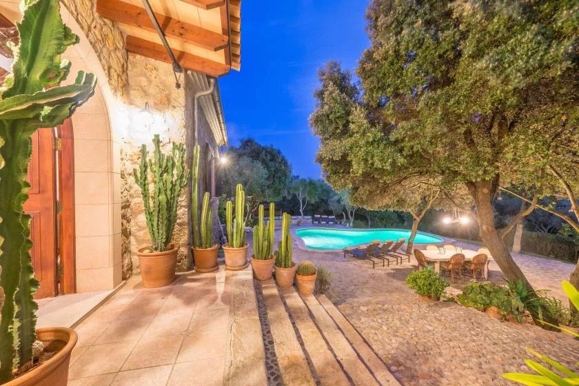 A tiled patio with potted cacti overlooks a lit swimming pool beneath trees.
