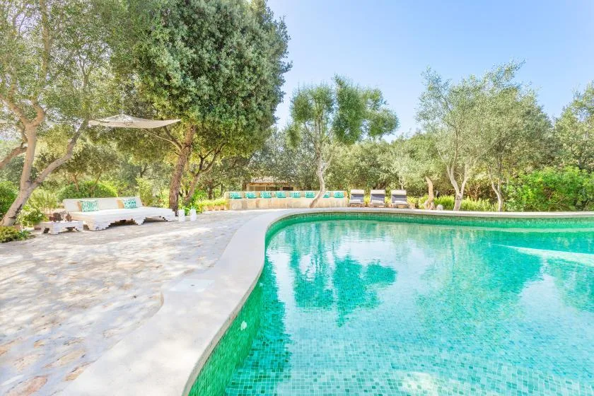 An outdoor swimming pool beside a paved patio with seating and trees.