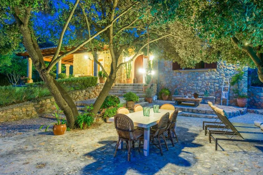 An outdoor patio with a dining table and seating beneath leafy trees.