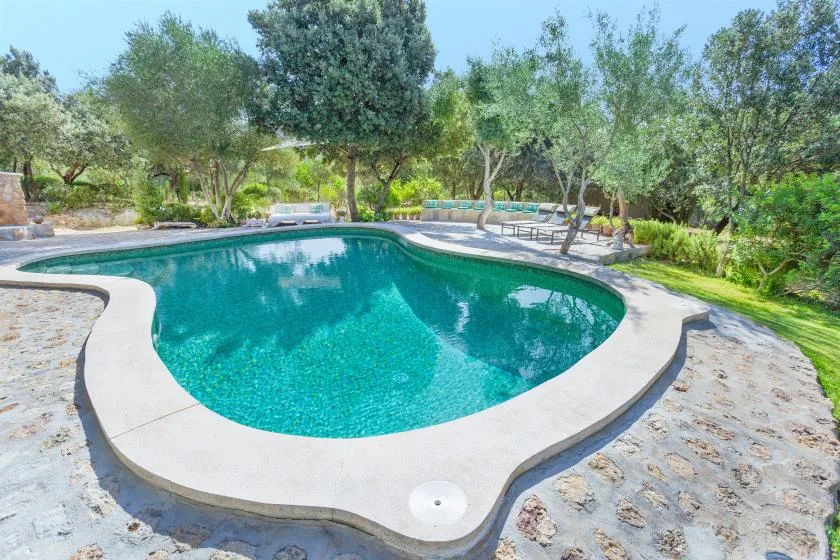 A curved swimming pool sits in a landscaped garden surrounded by trees.