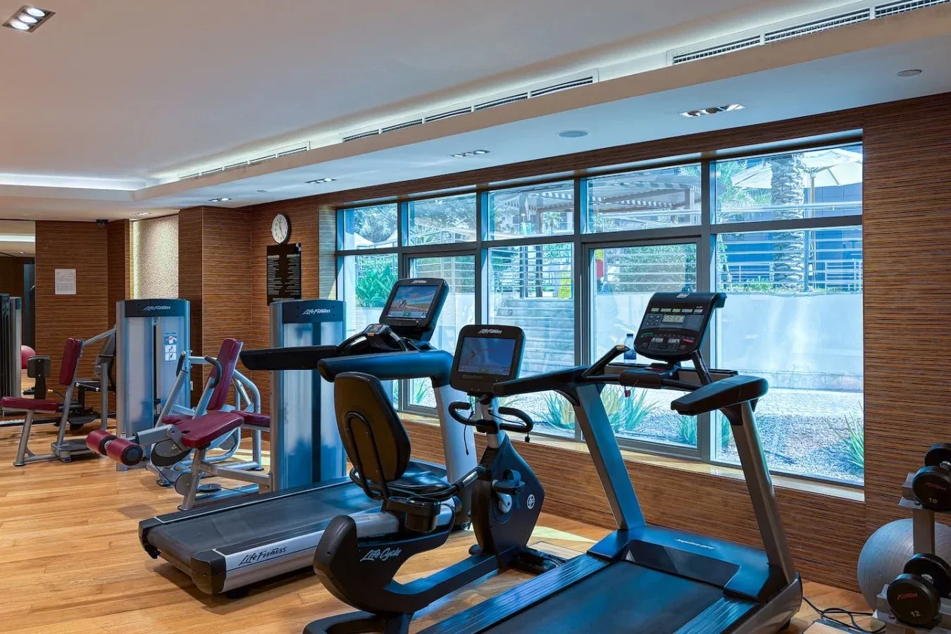 Una sala de ejercicios con cintas de correr y máquinas junto a grandes ventanas.