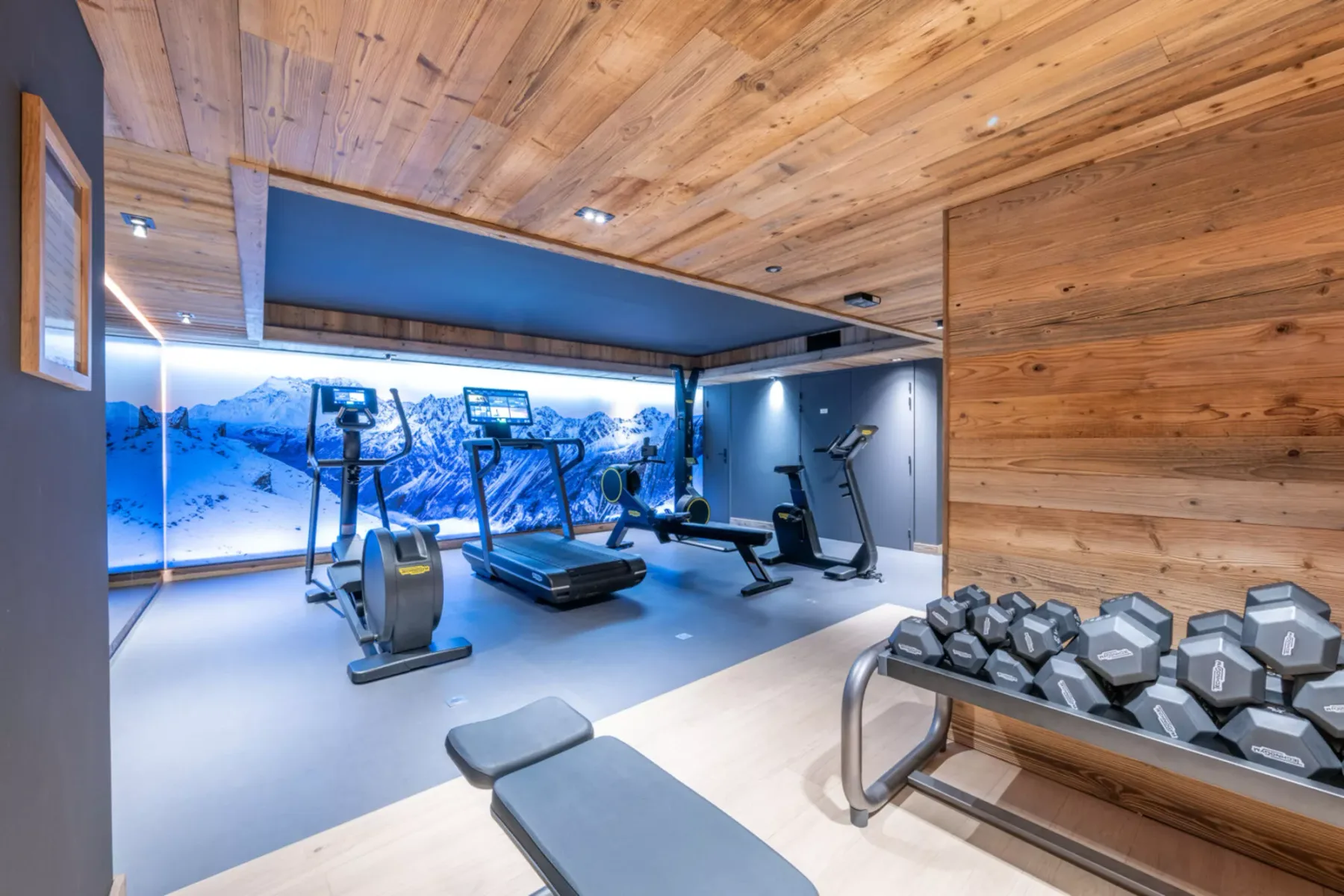 A fitness room with exercise machines and a rack of weights.