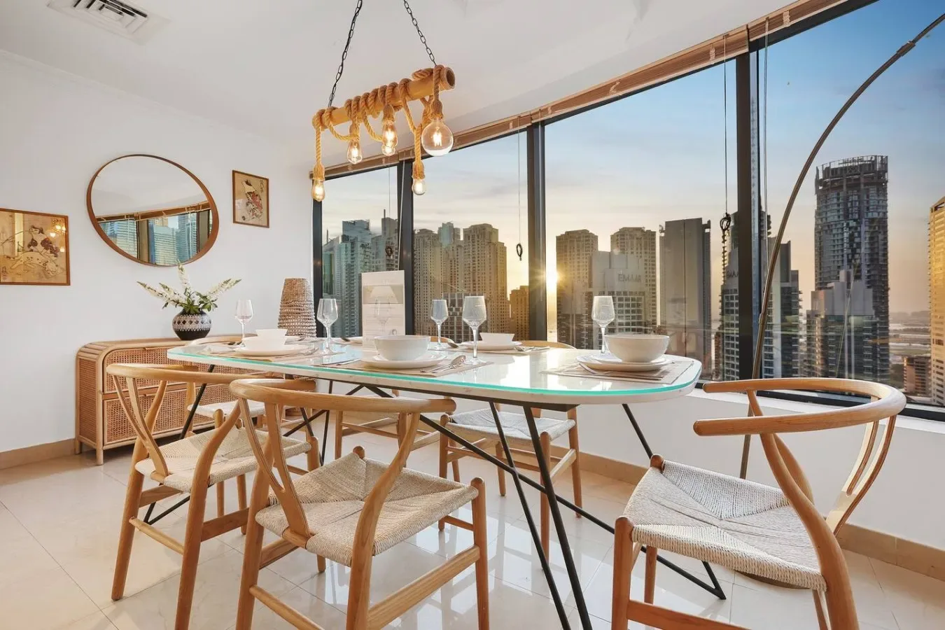 Comedor con una mesa larga y sillas junto a ventanales con vistas a edificios de la ciudad.