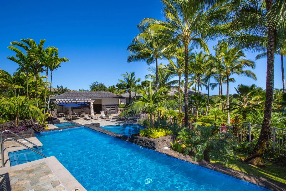 A swimming pool surrounded by tropical plants and palm trees.