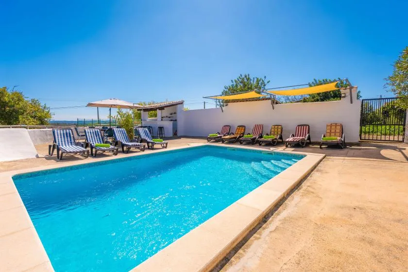 A swimming pool with lounge seating and shade canopies in a sunny outdoor area.