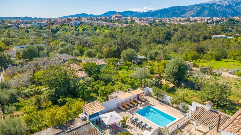 An aerial view of a pool and seating area surrounded by greenery.