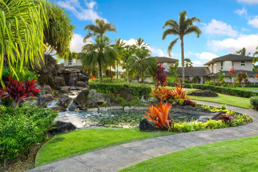 A landscaped garden with a pond, flowing water, and tropical plants.