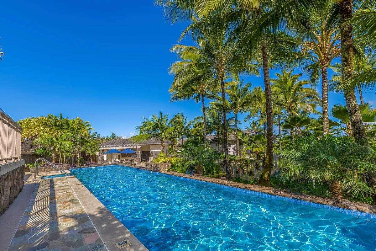 An outdoor swimming pool bordered by palm trees and tropical landscaping.