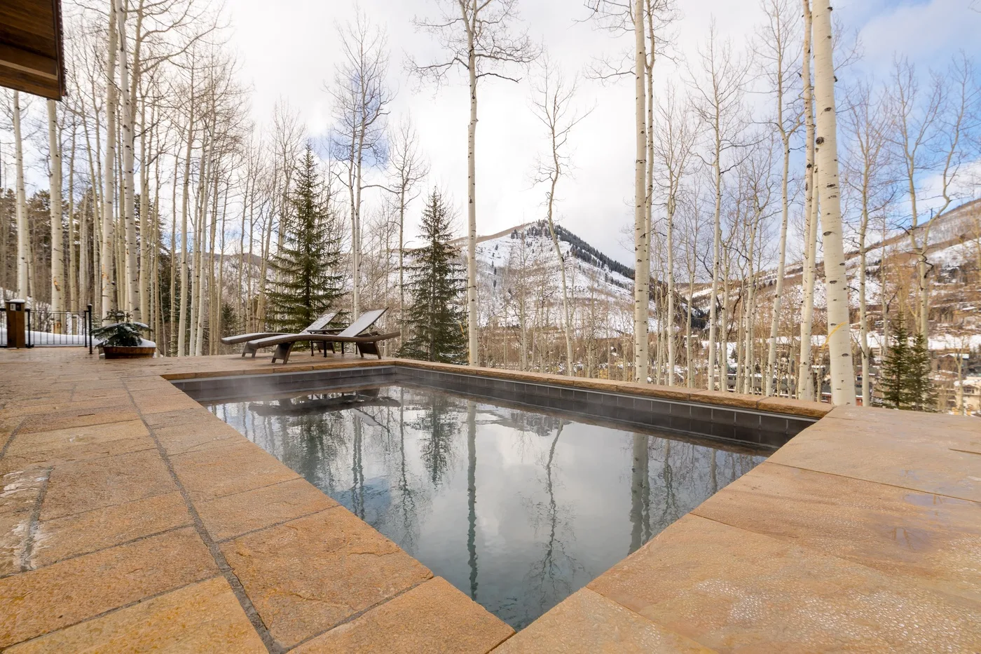 An outdoor pool sits beside a stone patio, with trees and mountains beyond.