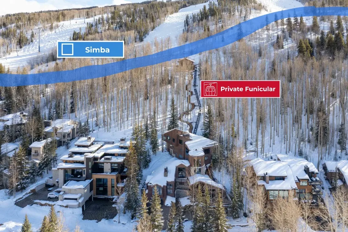 Aerial view of snow-covered buildings among trees below ski slopes.