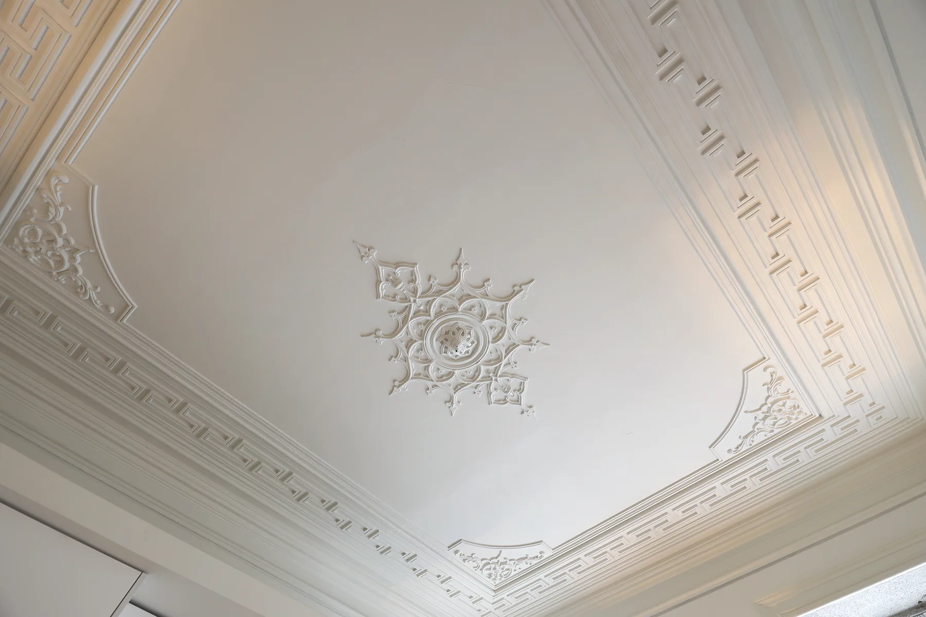 Decorative ceiling molding surrounds an ornate central ceiling medallion.
