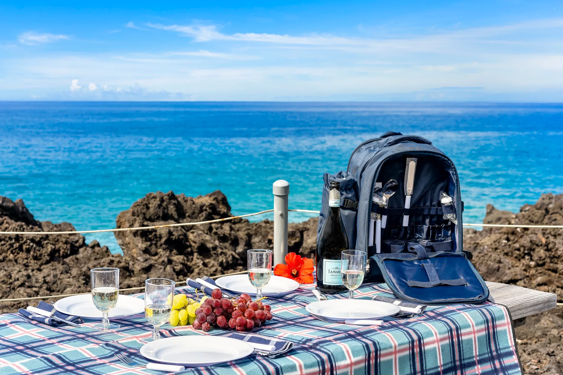 A seaside picnic table is set with a checkered cloth, fruit, and drinks.