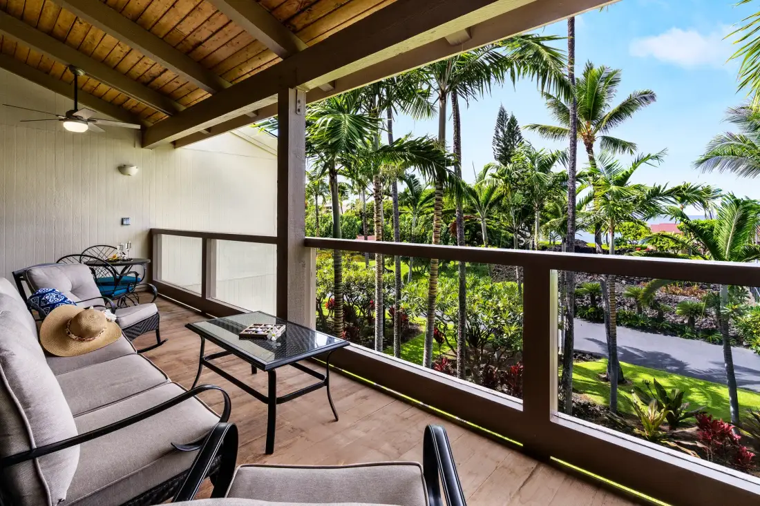 A covered patio with outdoor seating overlooks palm trees and greenery.