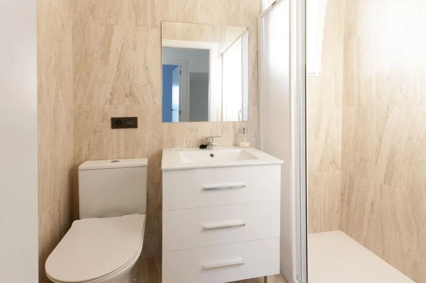 A bathroom with a toilet, sink vanity, and large wall mirror.