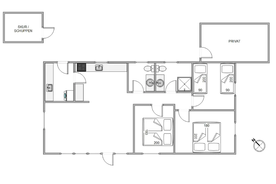 Plano de planta con cocina, baño y varias habitaciones.