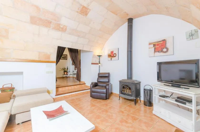 Una sala de estar con chimenea, asientos y un televisor bajo un techo abovedado.