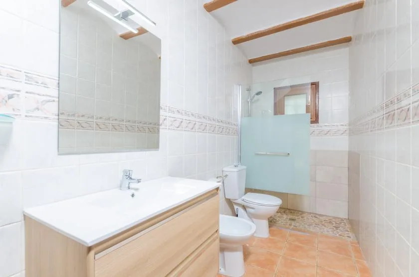 Un baño alicatado con un lavabo amplio, inodoro y zona de ducha.