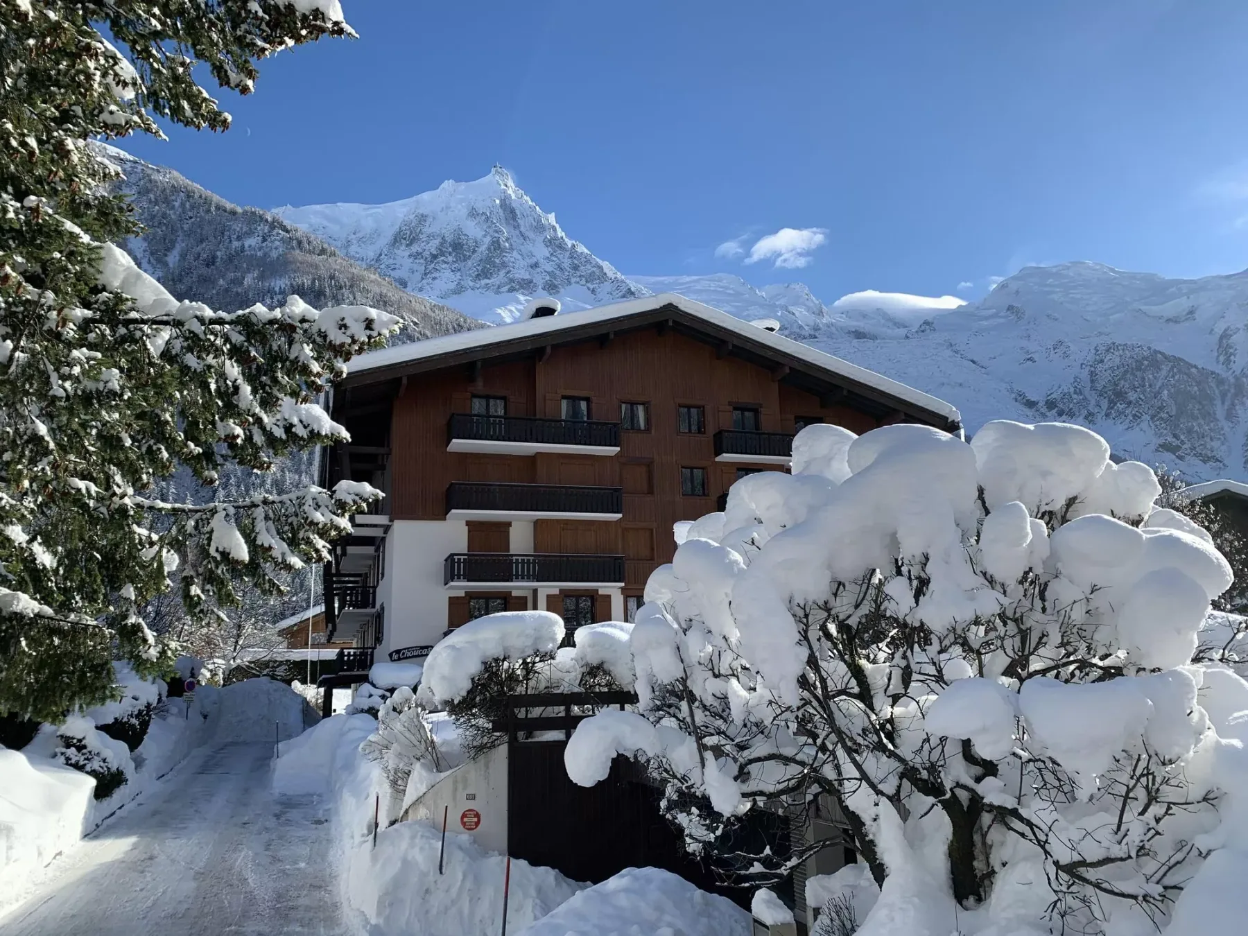 A chalet-style building stands beneath snow-covered mountains, framed by snow-laden trees.