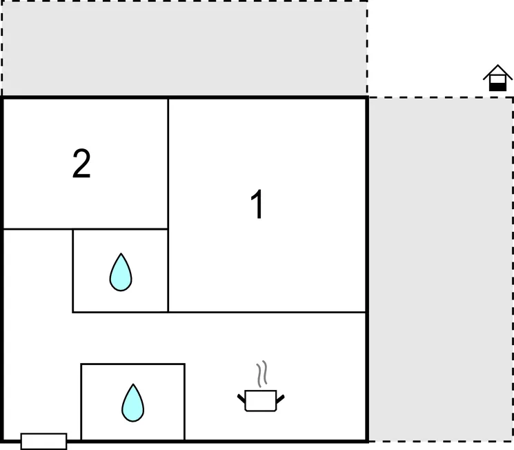 A simple floor plan shows two numbered rooms and water fixtures.