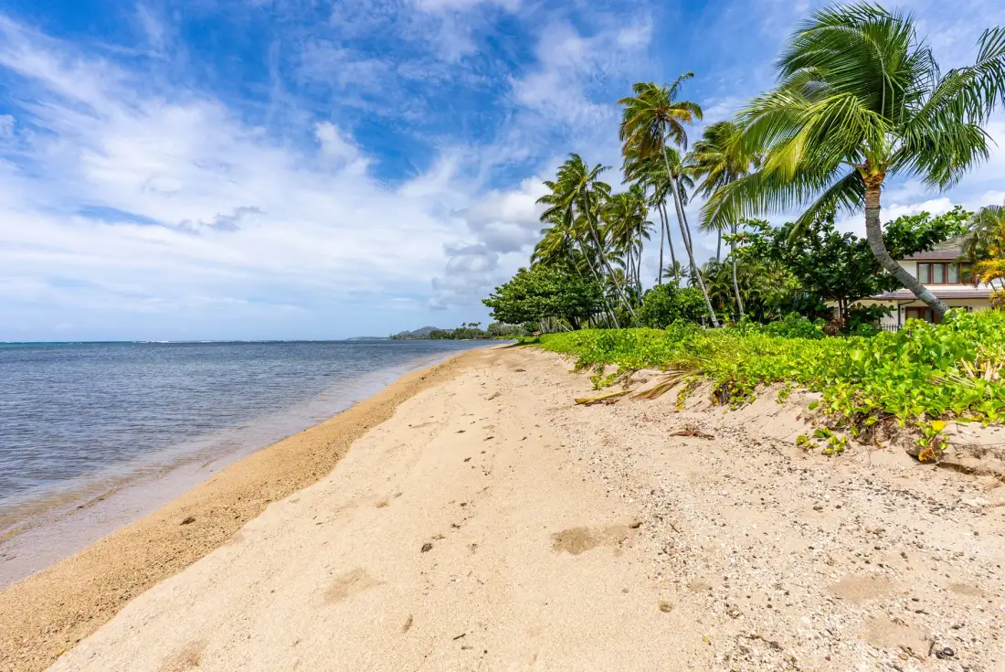 A sandy beach borders calm water beneath palm trees and a partly cloudy sky.