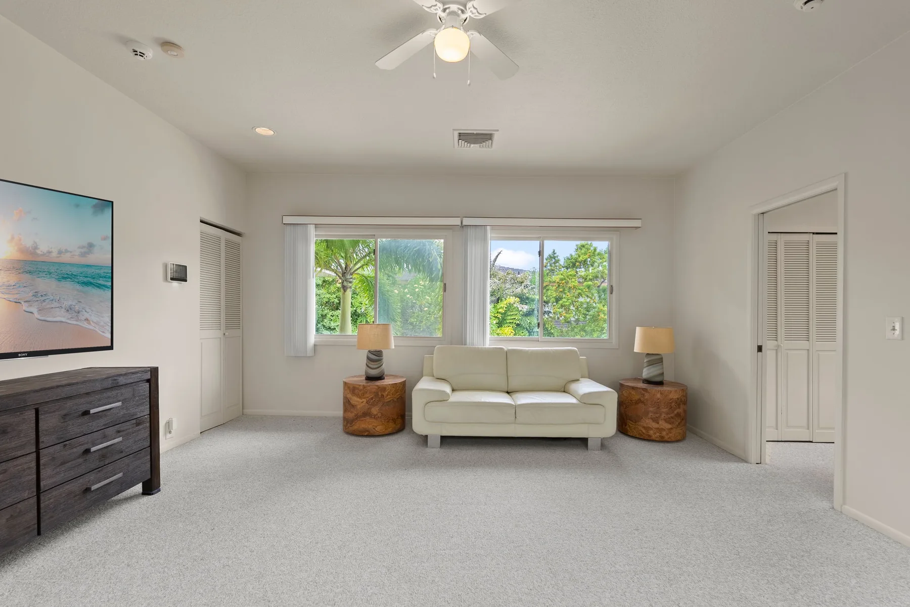 A bright living room with a sofa facing windows and a television.