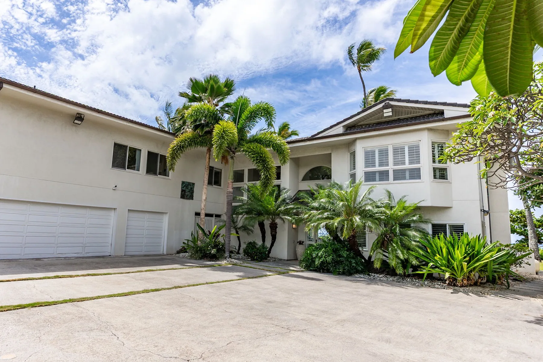 A large white house with a paved driveway and tropical plants.