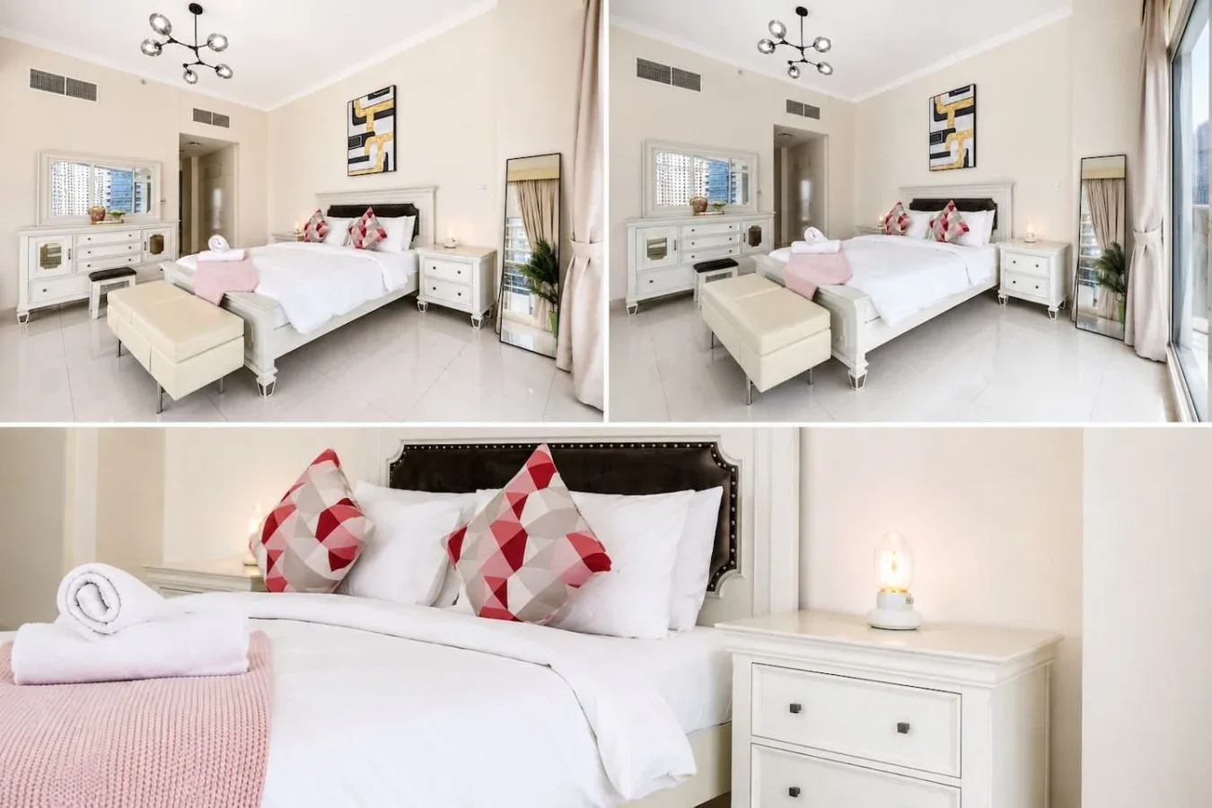 A bright bedroom with a white bed, bedside tables, and patterned pillows.