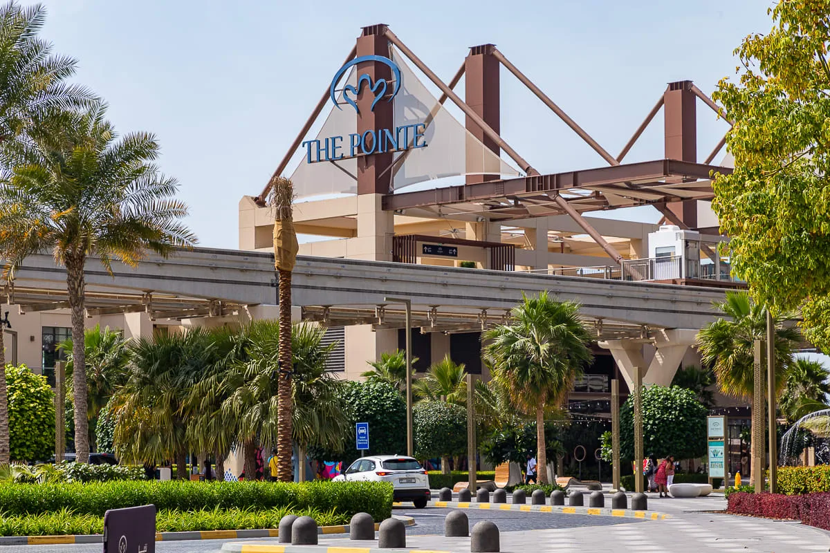 A shopping center entrance with a prominent sign, palm trees, and landscaped greenery.