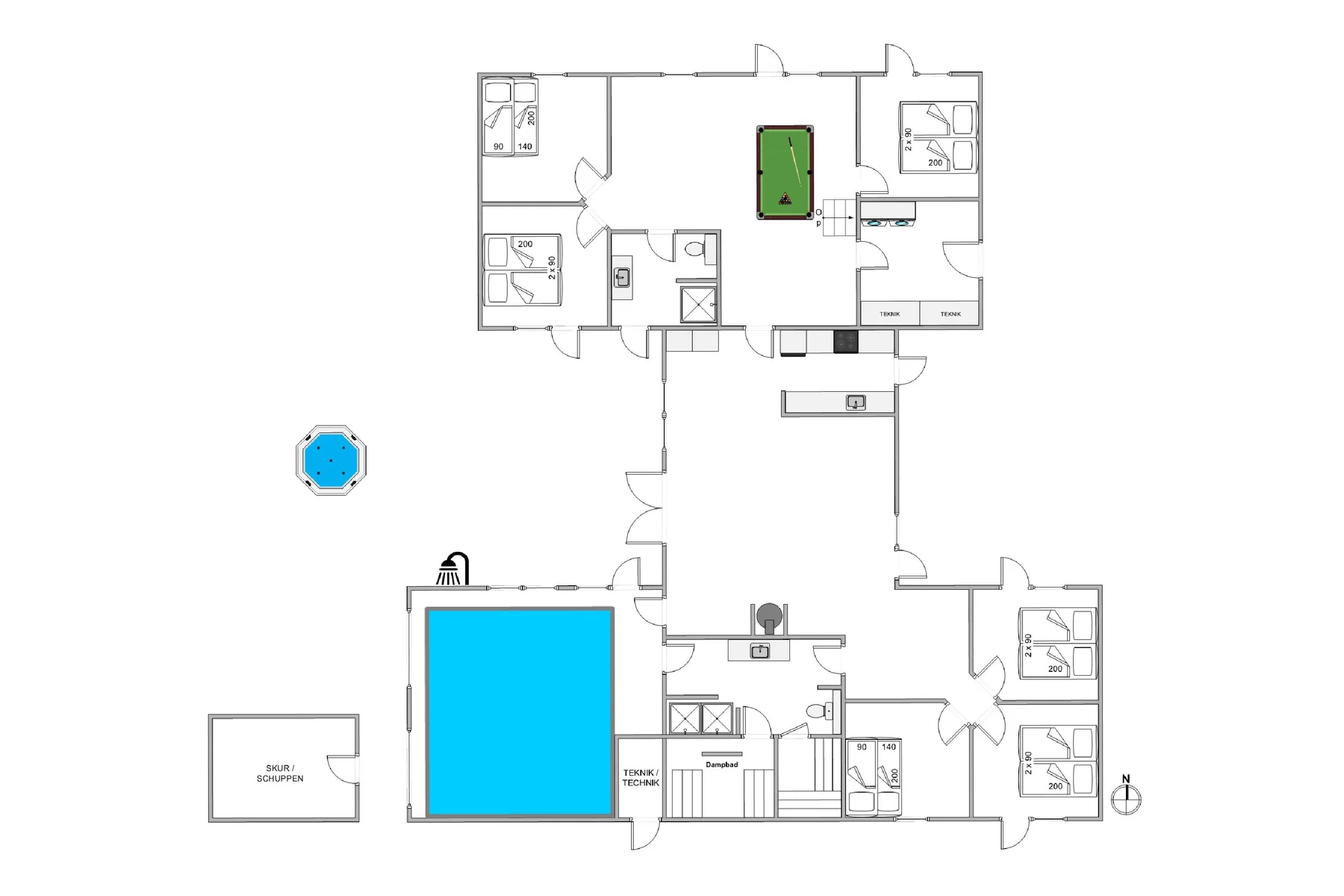 A floor plan shows several rooms arranged around a central hallway and a swimming pool.