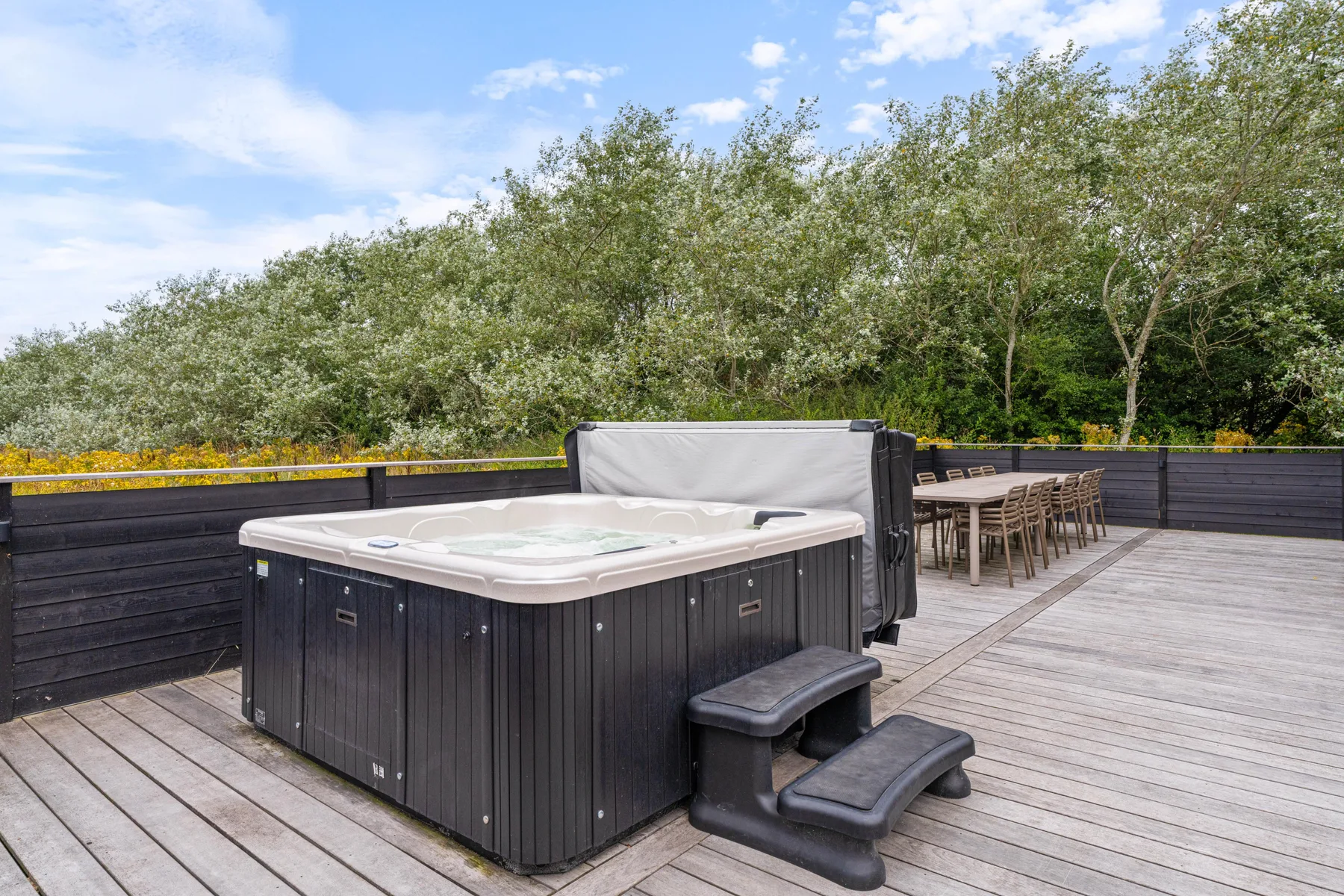 An outdoor deck with a large hot tub and surrounding trees.