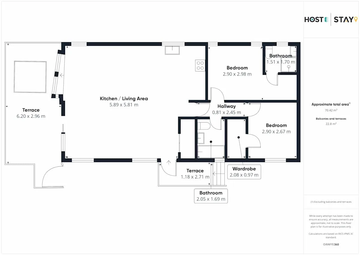 Un plano muestra una cocina y sala de estar junto a dormitorios, baños y terrazas.
