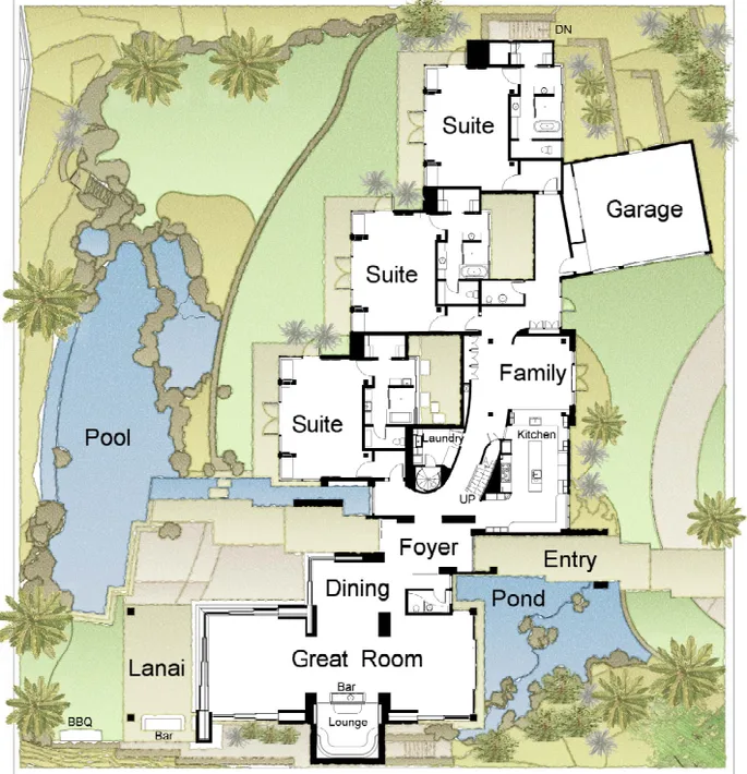 Un plano ajardinado muestra las habitaciones de la casa, la piscina, el estanque y los alrededores.