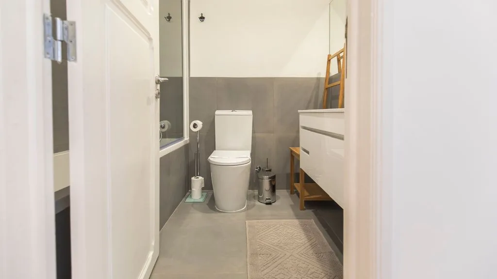 Un baño con inodoro, lavabo y alfombrilla.