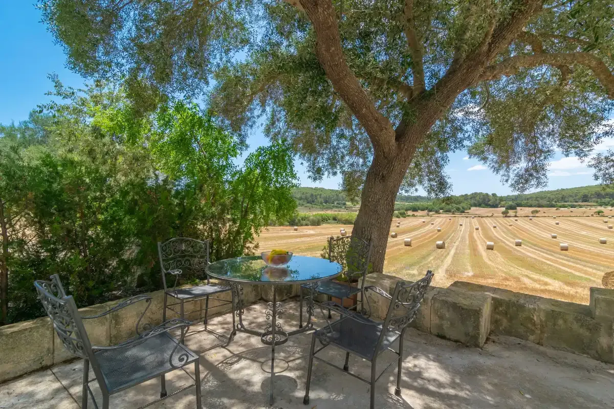 An outdoor patio with seating and a view of harvested fields.