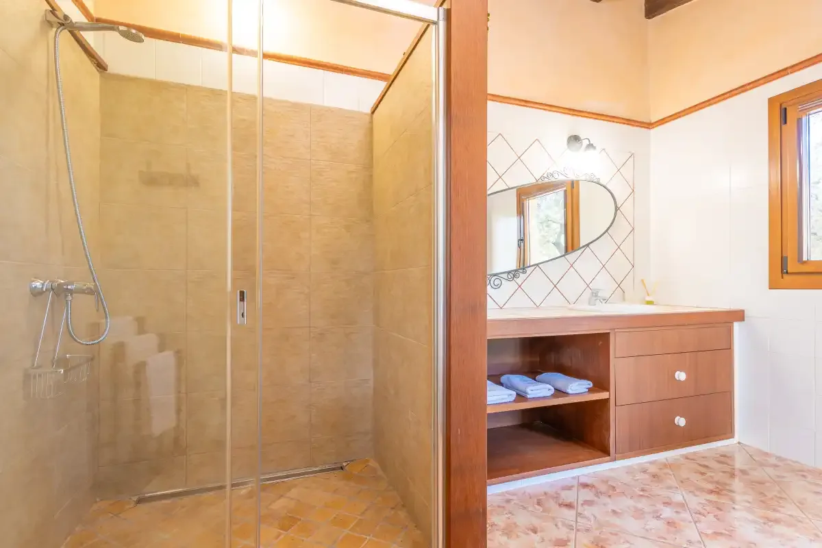 Un baño con una ducha de vidrio y un mueble de lavabo de madera.