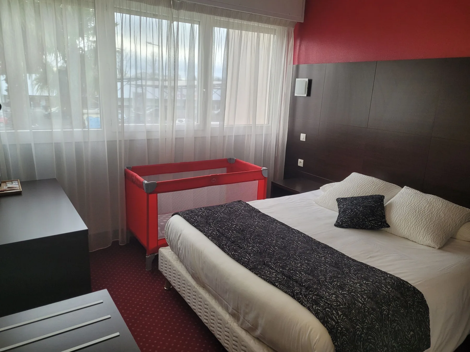Queen bed with baby cot