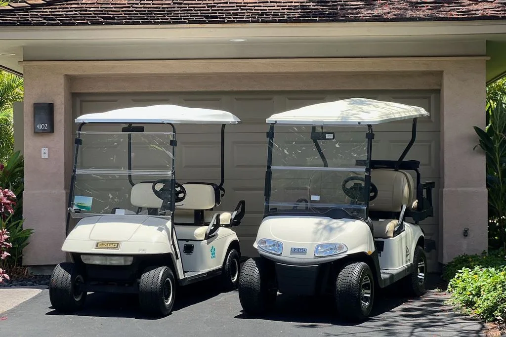 Dos carritos de golf están estacionados frente a un garaje.