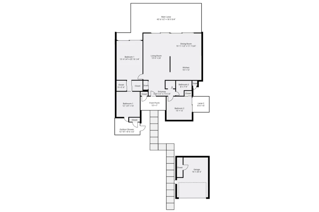 Un plano residencial muestra varias habitaciones conectadas por un pasillo central.