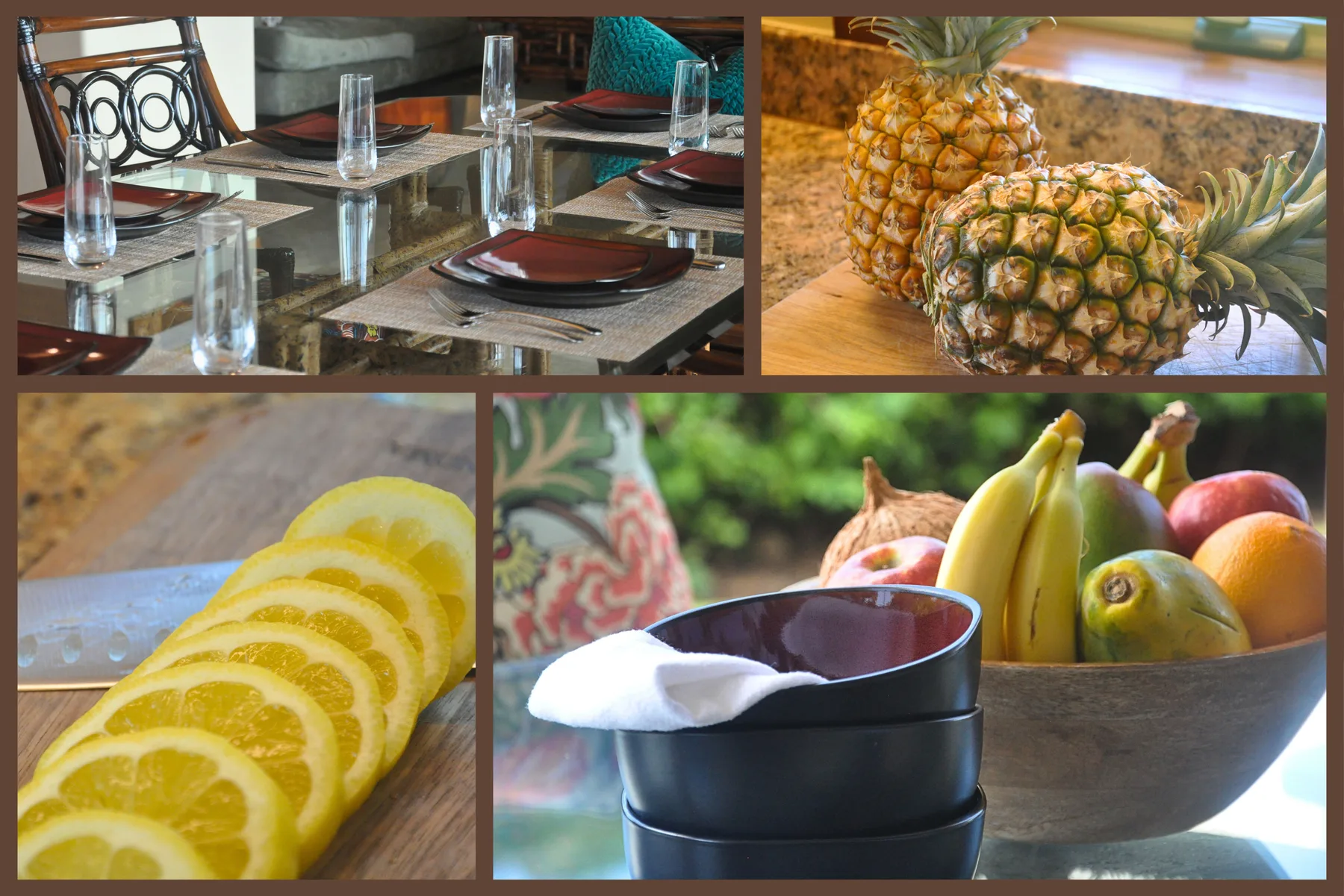 Una mesa de comedor está puesta con platos, vasos y servilletas dobladas.