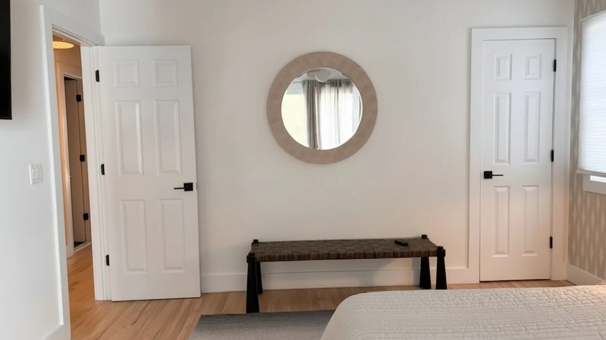 Un dormitorio con una cama, un banco y un espejo redondo en la pared.