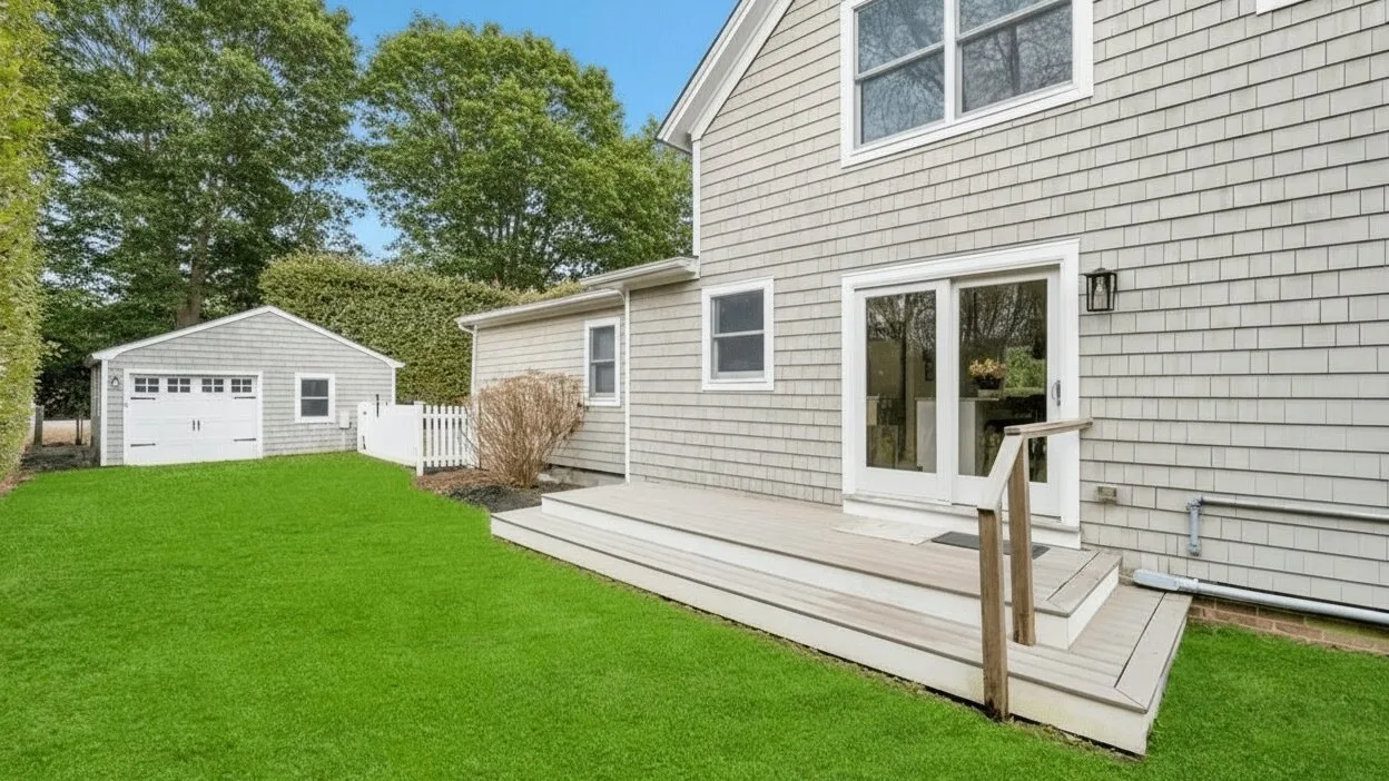 El exterior de una casa da a una terraza de madera junto a un césped verde.