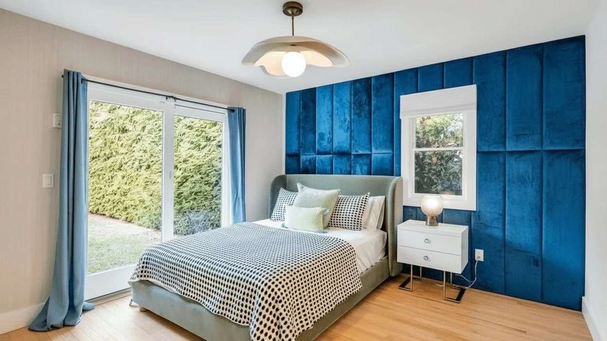 Un dormitorio con una cama frente a una pared de paneles azules y una mesita de noche.