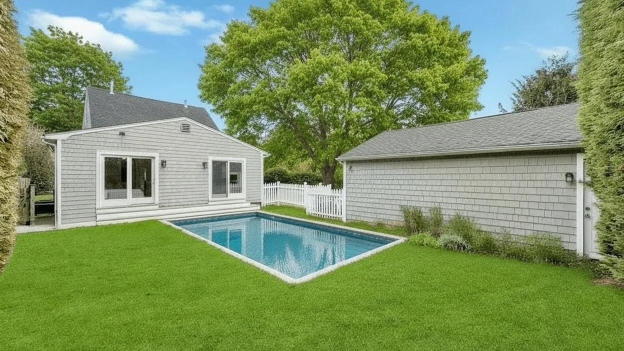 Una piscina en el patio trasero está entre una casa y una construcción.
