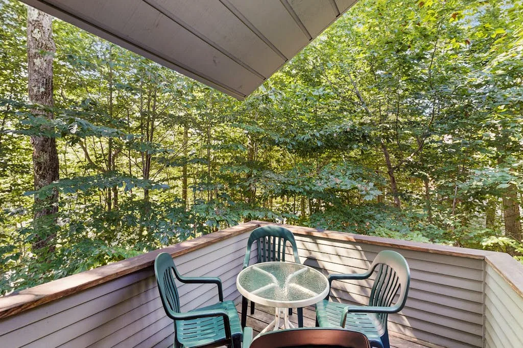 A covered deck with outdoor seating and a glass-topped table overlooks leafy trees.