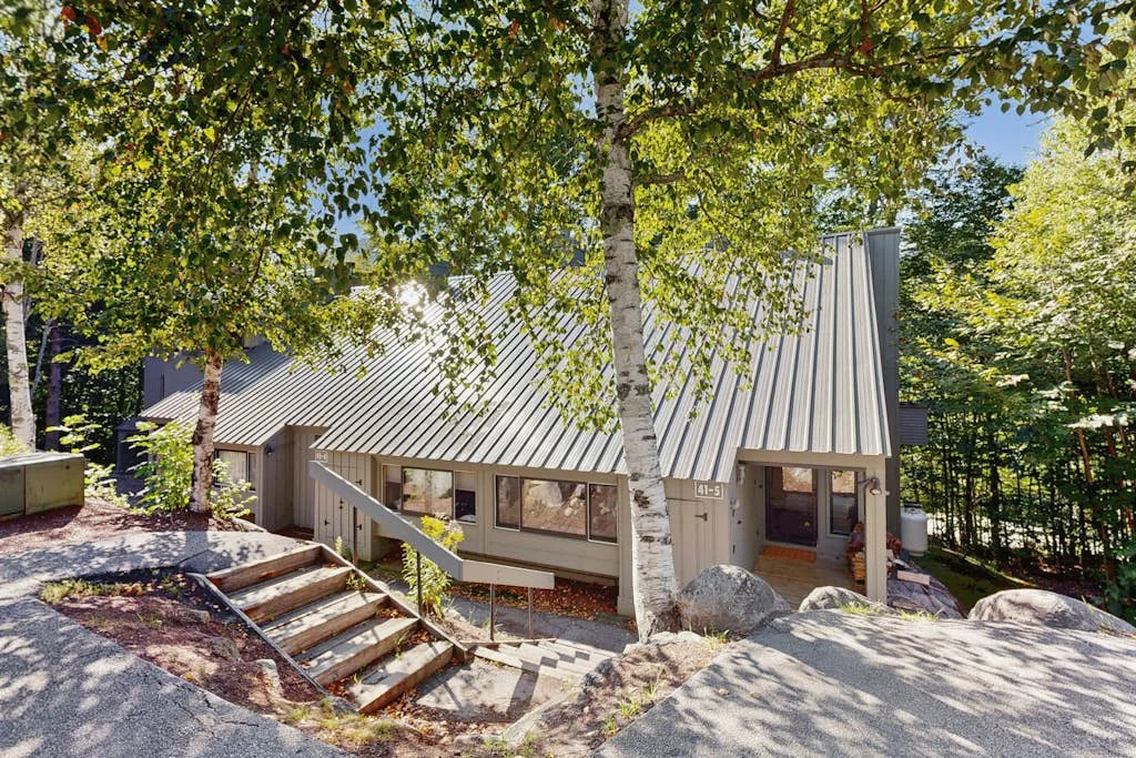 Una casa moderna está rodeada de árboles frondosos, con escalones de piedra hacia la entrada.