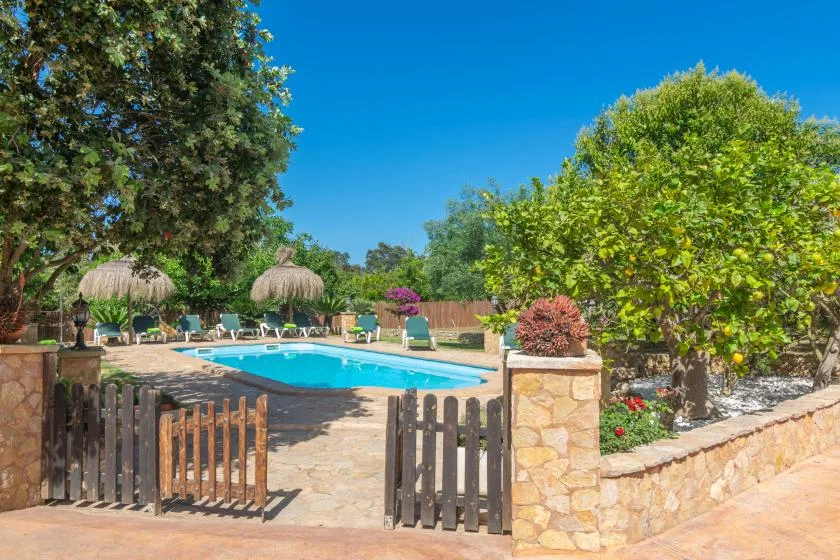 An outdoor swimming pool is surrounded by lounge seating, trees, and a stone wall.