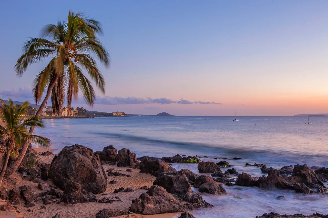 Una costa tropical al atardecer, con palmeras y rocas junto al agua.
