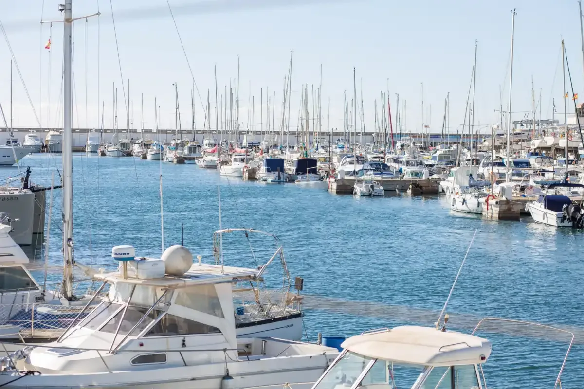 A marina filled with boats, with rows of sailboat masts above the water.