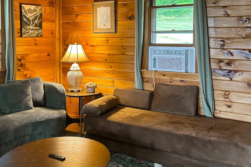 A wood-paneled living room with seating, a lamp, and a window air conditioner.