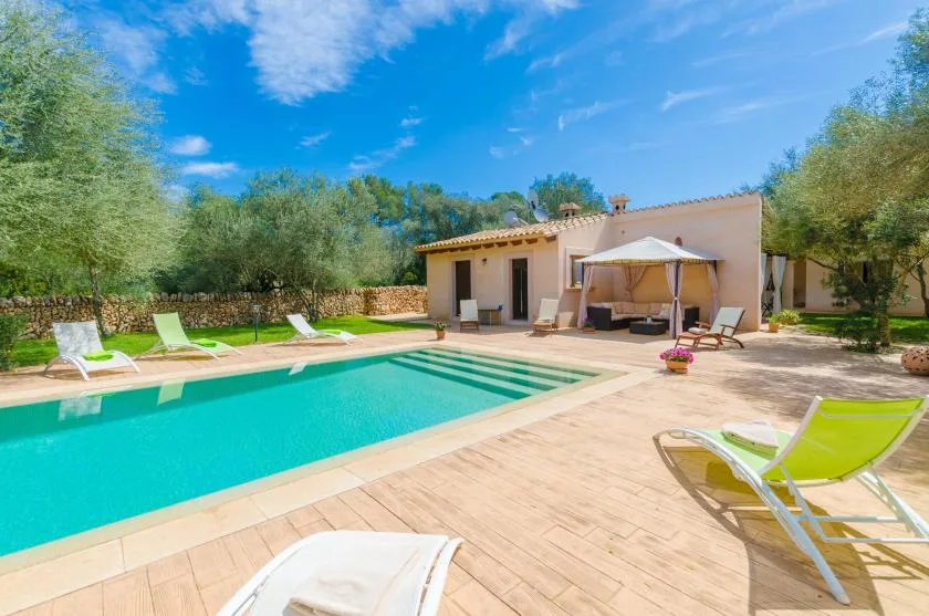 An outdoor swimming pool and patio sit beside a small house in a leafy garden.
